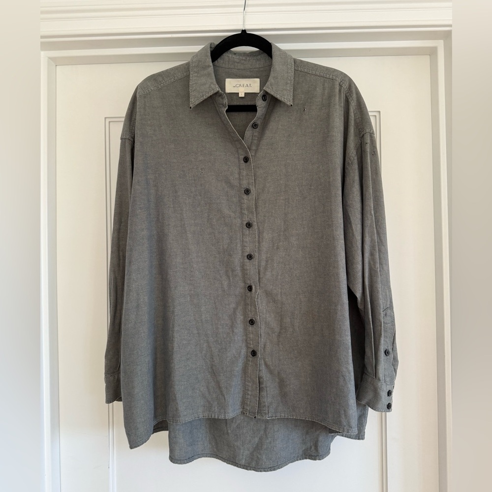 The Great 100% Cotton Denim Embroidered Distressed Long Sleeve Shirt Womens 1